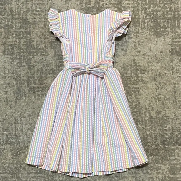 Girls Bonnie Jean Pastel Stripe Smocked Waist Dress, size 5. - Picture 2 of 6